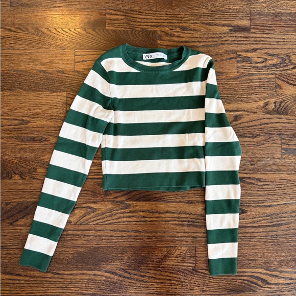 Zara Sweaters - Zara Striped Long Sleeve Knit Top in Green and Cream